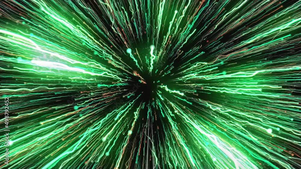 Poster Cosmic stream with glowing lines on black background. Motion. Immersion in bright luminous stream with energy lines. Hyper-jump with stream of colorful lines in outer space