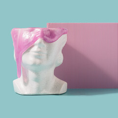 Baroque sculpture head with purple slime dripping with lilac corrugated background. Retro futurism...