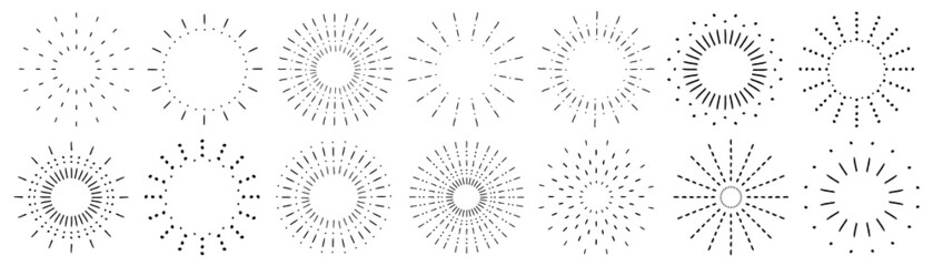Sunburst set. Vintage sunrise collection.  Vector light rays elements. Firework explosion, stars, emblem, logo, tag. Vector Illustration 