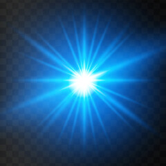Fototapeta premium Blue glowing light star on a black background. Transparent shining sun, star explodes and bright flash. Blue bright illustration starburst. 