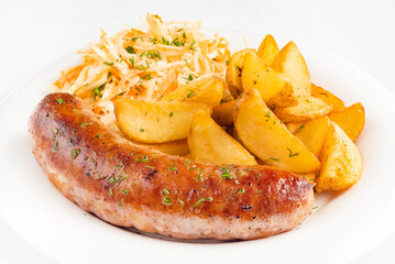 sausage with fried potatoes and salad