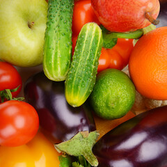 Bright background from various vegetables and fruits.