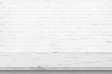 Fototapeta premium Empty white marble table top with brick wall background