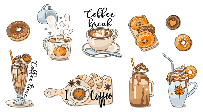 Hand drawn autumn drinks coffee vector illustration set