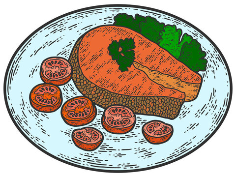 recommend clip art: Salmon on a plate color. Line art sketch picture. Hand drawn.