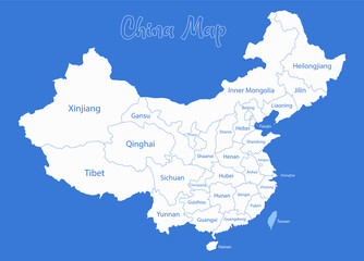 China map, administrative divisions whit names regions, blue background vector - obrazy, fototapety, plakaty