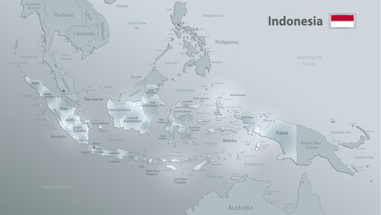 Indonesia map and flag, administrative division, separates regions and names, design glass card 3D vector