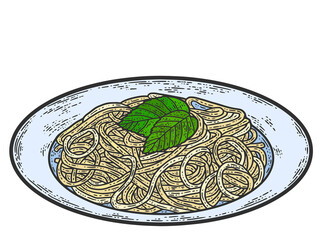 Plate with spaghetti color. Line art sketch picture. Hand drawn.