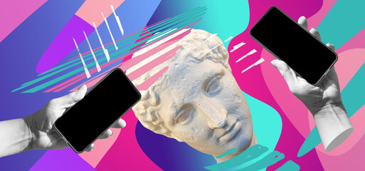 Fashion design in magazine and pop art style. Statue holding modern blank frameless screen smartphone in a palm.