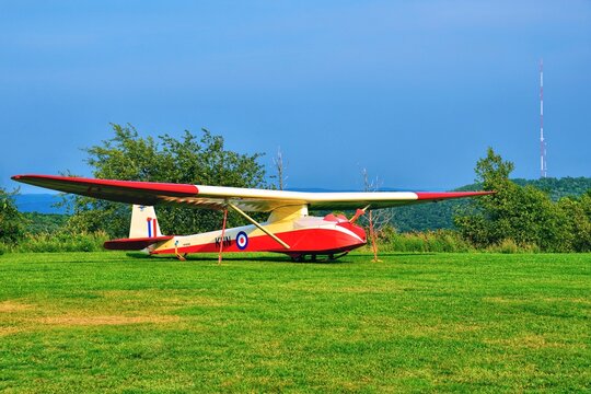 Elmira, New York, US-July 14, 2021: Beautiful sailplane KNN in International Vintage Sailplane Meet (IVSM) 2021.  Elegant design and restoration of the vintage glider. Two seats (side by side) glider