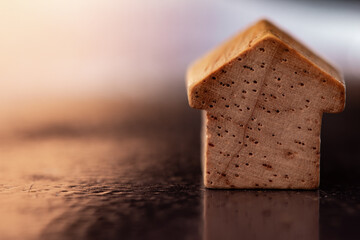 View of a small miniature wooden home object. Use for house or mortgage related concepts.