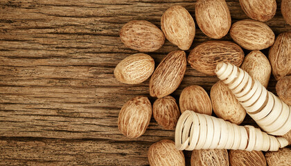 Walnuts on a wooden background.