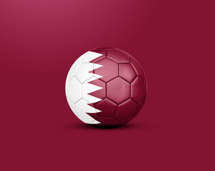 Soccer ball with Qatar flag isolated on red wine background, football world cup 2022.