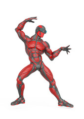 super hero is doing a dynamic fight pose in an exosuit