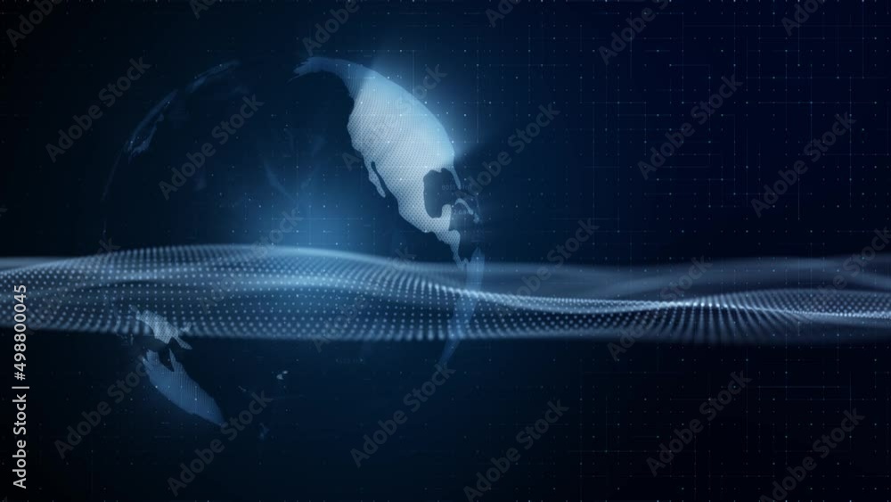 Poster looping glow shiny earth globe with waves copy space animation.