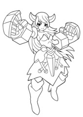 Coloring book for adults. Cute anime girl with big combat gloves on her hands, with horns. 