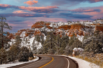 Early snow shows off the red rocks in Red Rock Canyon, near Bryce Canyon National Park
