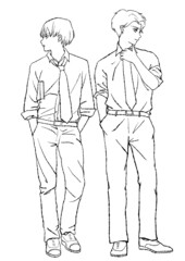 Fototapeta na wymiar スーツを着て並んで立っている男性の、マンガ風手描き水彩イラスト（同性パートナー等に・線画のみ）