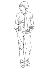 本を抱えて立っているフェミニンな男性の、マンガ風手描き水彩イラスト（線画）