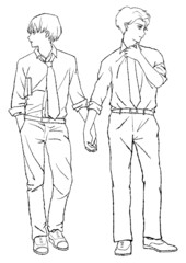 スーツを着て手を繋いでいる同性パートナーの、マンガ風手描き水彩イラスト（線画）