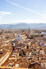 Aerial cityscape of Florence city on a sunny day. Visiting italian cities in Tuscany. View from Vecchio palace