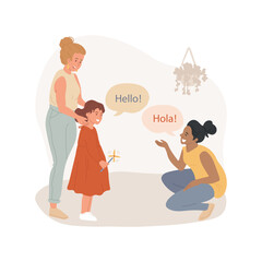 Say hello in foreign language isolated cartoon vector illustration. Children say hello, bilingual daycare center, immersion language program for kids, learning foreign language vector cartoon.