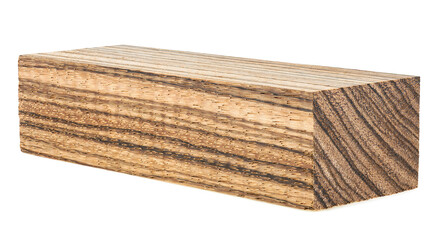 Wooden bar isolated on a white background. Zebrano, an exotic wood species. Zingana, zebrawood.