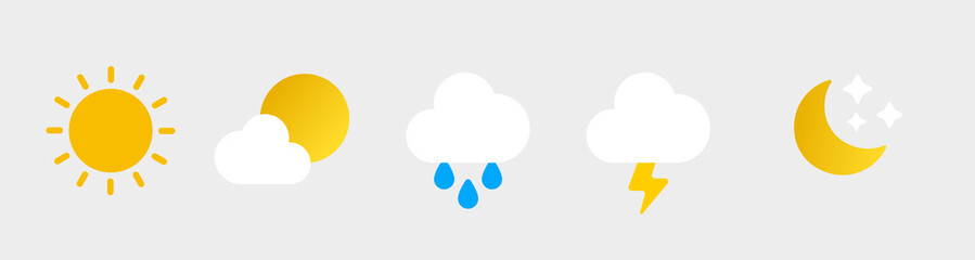 Colorful flat weather icons set fill style, Weather icons isolated on white background. Clouds logo and sign, vector illustration. Moon icon and symbol. 