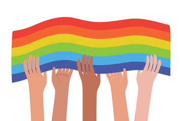 Hands and rainbow Pride flag. Variety of hands. LGBT concept. Hand-drawn Homosexual people. Equality and love protection.