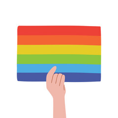 Hand with a LGBT poster. Hands and rainbow Pride flag. LGBT concept. 