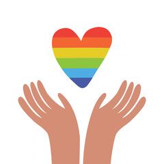 Hand with a LGBT heart poster. Hands and rainbow Pride flag. LGBT concept. 