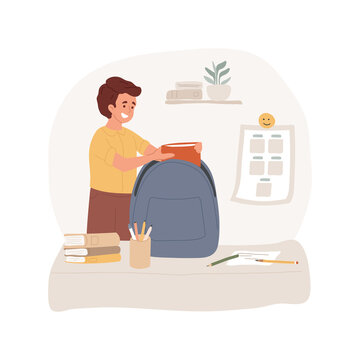 Packing a backpack isolated cartoon vector illustration. Kid packing school backpack, child puts books and textbooks in a schoolbag, family daily routine, get ready for the day vector cartoon.