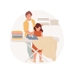 Ironing clothes isolated cartoon vector illustration. Family daily routine, mother teaches child to use iron, kid engaged in housework, ironing shirts together, pile of clothes vector cartoon.