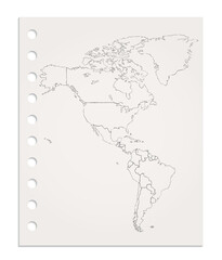 America map on realistic clean sheet of paper torn from block, blank