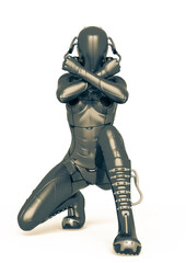 cyber soldier female crouching with arms in x