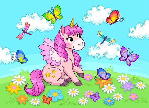 Pink pegasus on meadow with butterflies and flowers. Colorful vector illustration for kids