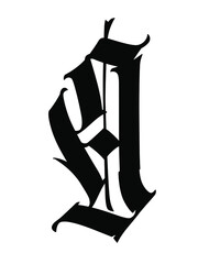 The letter  in the Gothic style. Vector. Old alphabet. The symbol is isolated on a white background. Calligraphic, medieval Latin letter. Logo for the company. Monogram. An elegant font for a tattoo.