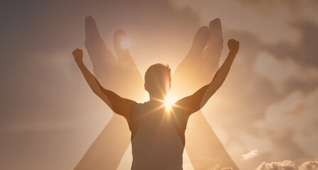 Strong man with worshiping hands up in the sky. Religious strength in god.  - obrazy, fototapety, plakaty