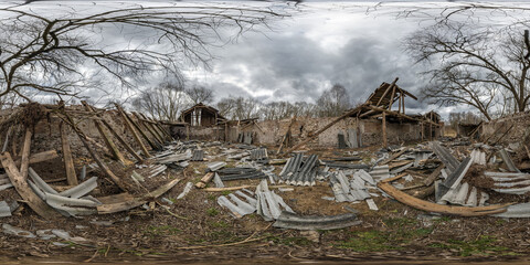 abandoned ruined wooden decaying hangar barn aftermath of bombing in full seamless spherical hdri...