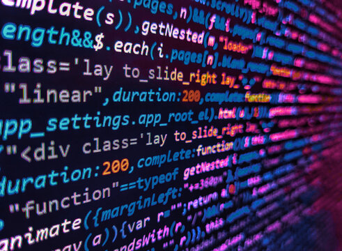 Binary computer code background, abstract. Programming code abstract screen of software developer. PHP development, software site code. Developer working on websites codes in office