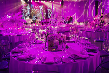Elegant, luxury table setting for wedding ceremony in purple light in the restaurant.