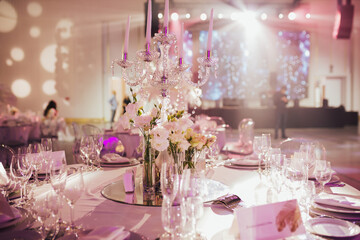 Luxury table setting for events, weddings. Decoration for wedding, birthdays or celebrations.