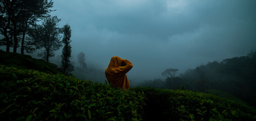 Photographer takes picture of nature, beautiful misty morning view from Munnar Kerala India, Travel...