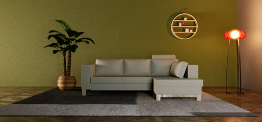 Cozy Modern Minimalist Scandinavian Interior With White Sofa On Wooden Floor With Luxury Carpet Plant Decoration Warm Night Light 3D Rendering Illustration