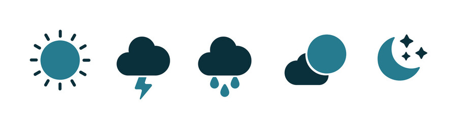 Weather icons set in flat style, Weather isolated on white background. Clouds logo and sign, vector illustration. Moon icon and symbol. 