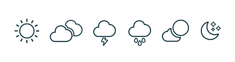 Weather icons set in line style, Weather isolated on white background. Clouds logo and sign, vector illustration. Moon icon and symbol. 