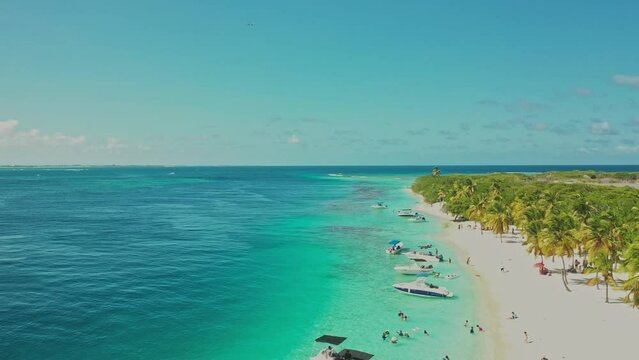 Caribbean island Paradisiacal at Morrocoy National Park - Falcon, Venezuela, aerial View. Unidentified people at the beach.