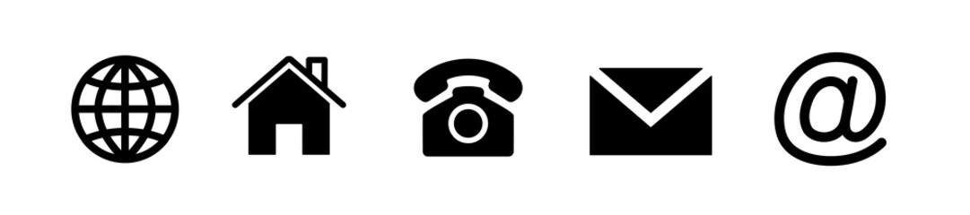 Website icons. Business card icons. Phone, globe, envelope, address, home, at sign. Black vector icons isolated on white background. Vector clipart.