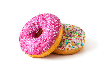 Bright donuts with strawberry and vanilla glaze on white
