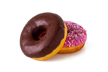 Donuts with strawberry and chocolate glaze on a white background